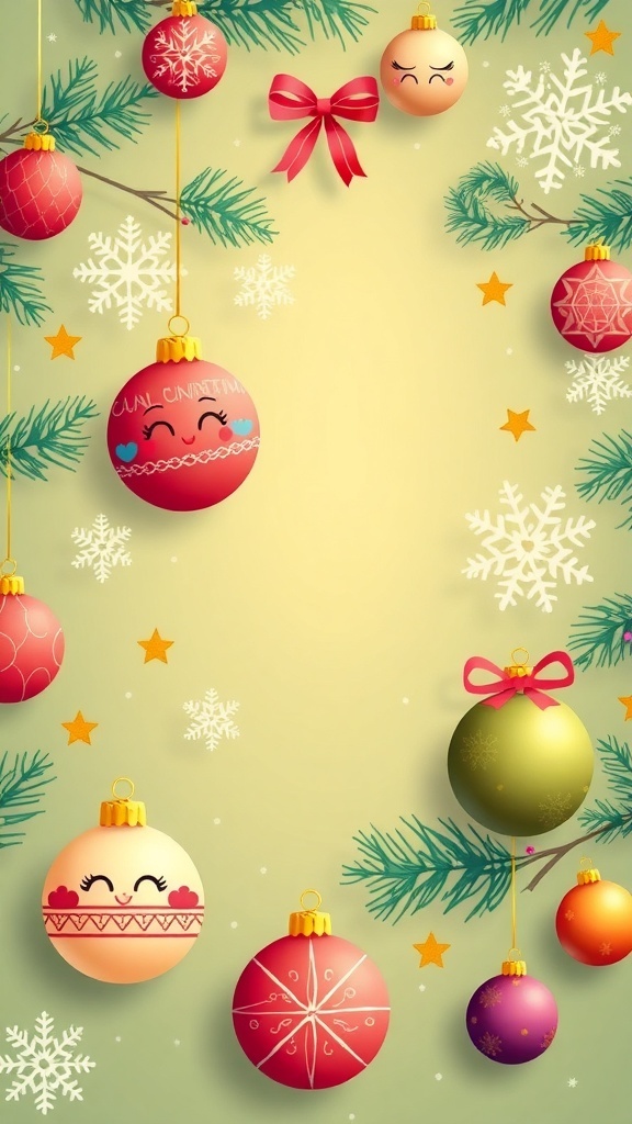 Cute Christmas ornament wallpaper with colorful ornaments on a festive background.